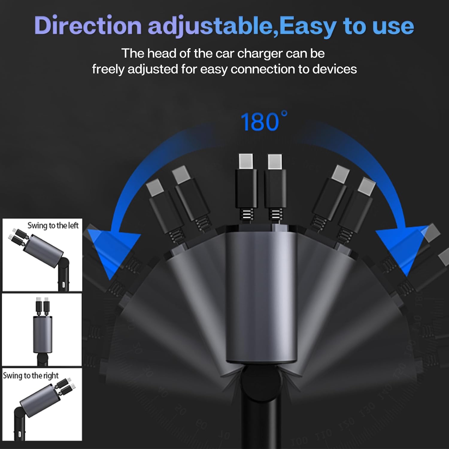 Retractable Car Charger with 100W, 4 in 1 Car Fast Charger for iPhone and Type C, Retractable Cables (31.5 inch) and 2 Charging Ports, Compatible with iPhone 15/14/13/12 Pro Max XR,iPad,Samsung,Pixel