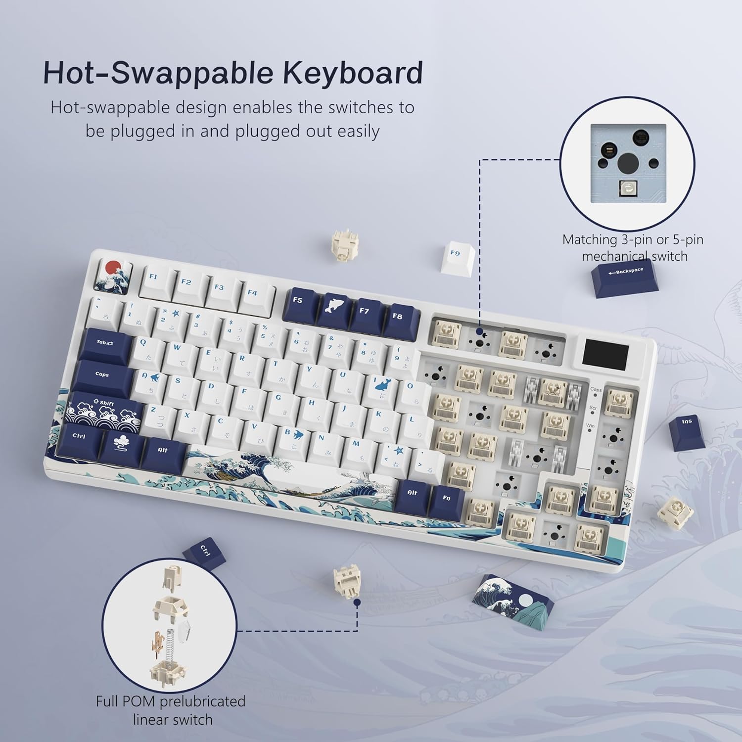 Womier S-K80 75% Keyboard with Color Multimedia Display Mechanical Gaming Keyboard, Wired Hot Swappable Keyboard, Gasket Mount RGB Custom Keyboard, Pre-lubed Stabilizer for Mac/Win, Black Kanagawa