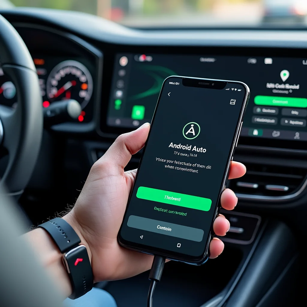 Create a visually appealing and detailed image that represents the essence of the article. Focus on the main keywords: A close-up photo of a smartphone displaying Android Auto 17.4 update screen connected via USB to a car’s head unit showing successful connection on a Pixel 10.. Incorporate elements that align with the article's theme and evoke its intended mood or message. If including a human face, ensure it reflects Western, American, or European features.