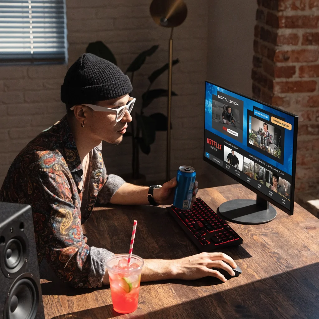 A realistic photo of a gaming setup displaying a digital and physical edition of GTA 6 with a Netflix preview and AI-generated video clips on screen.
