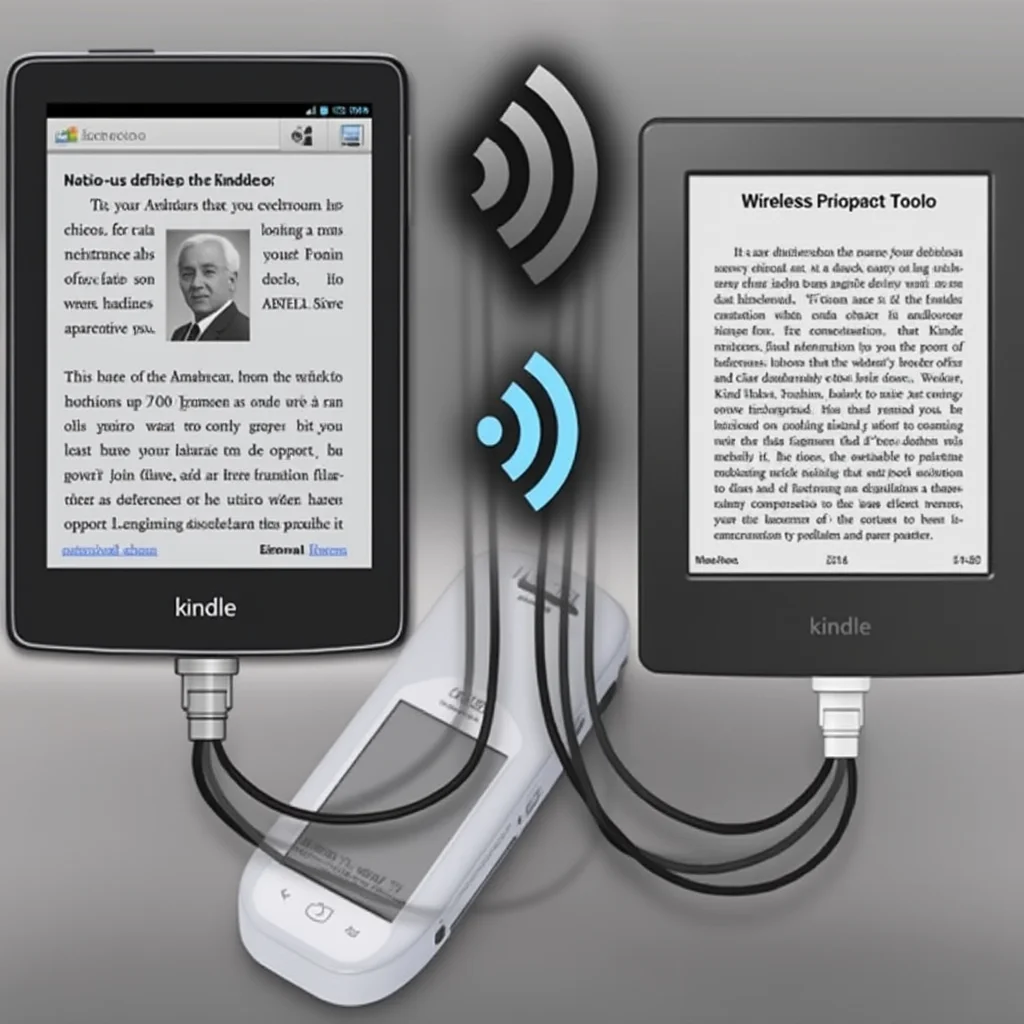 Create a visually appealing and detailed image that represents the essence of the article. Focus on the main keywords: A realistic photo showing wireless file transfer from an Android phone to a jailbroken Kindle using Quick Share and Kindshare apps.. Incorporate elements that align with the article's theme and evoke its intended mood or message. If including a human face, ensure it reflects Western, American, or European features.