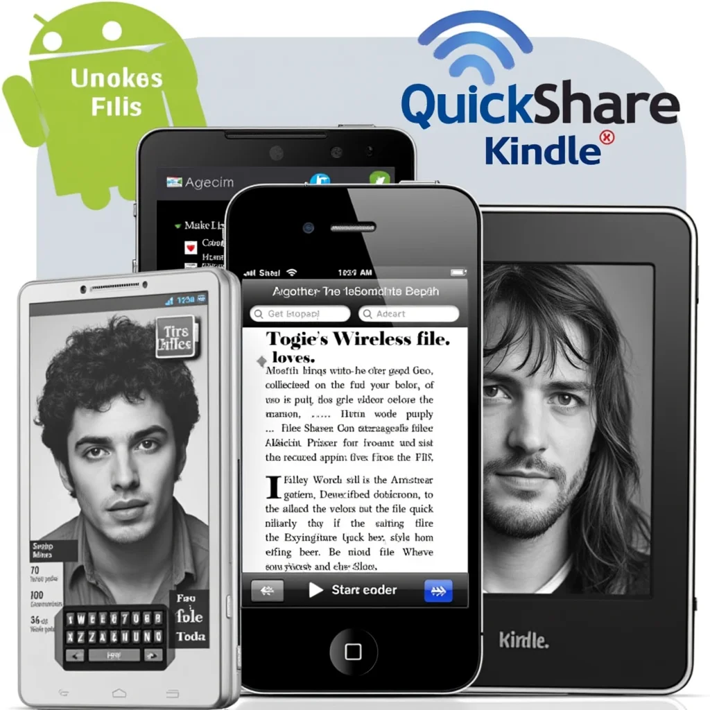 Create a visually appealing and detailed image that represents the essence of the article. Focus on the main keywords: A realistic photo showing wireless file transfer from an Android phone to a jailbroken Kindle using Quick Share and Kindshare apps.. Incorporate elements that align with the article's theme and evoke its intended mood or message. If including a human face, ensure it reflects Western, American, or European features.