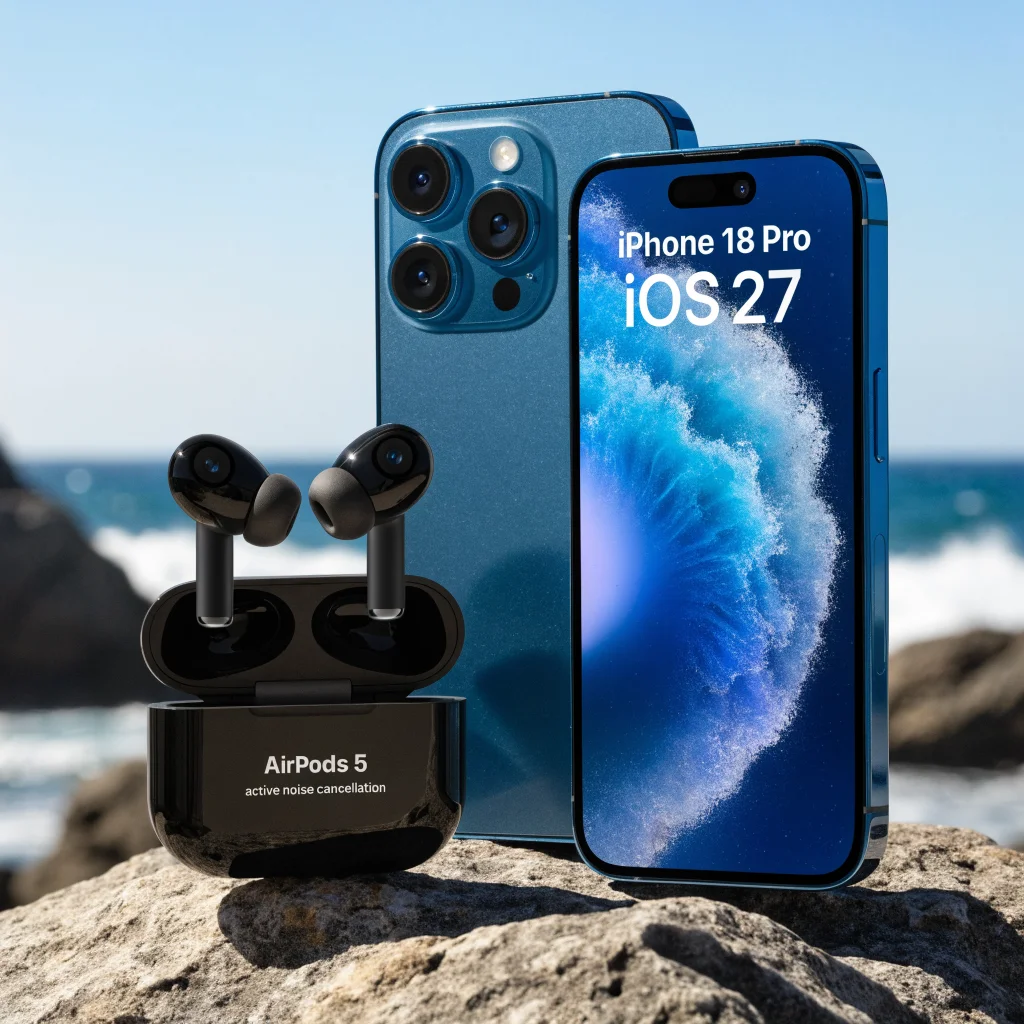 A realistic photo of Apple AirPods 5 with built-in cameras and active noise cancellation, displayed next to an iPhone 18 Pro running iOS 27.