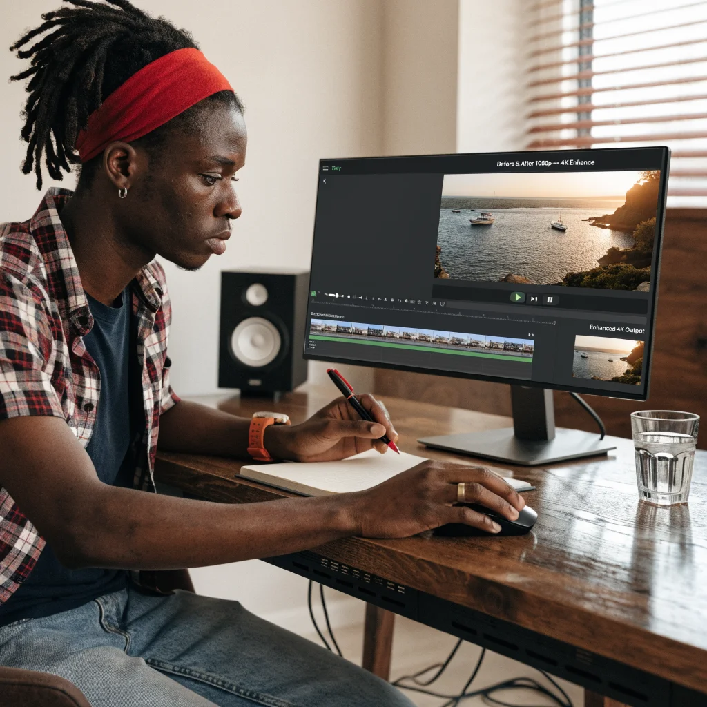 A professional technician upgrades a 1080p video to 4K resolution on a computer, displaying the enhanced video on a 4K OLED screen.