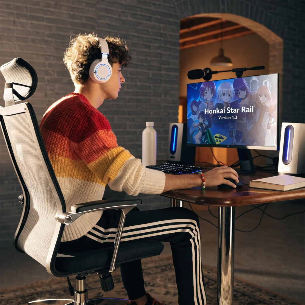 A detailed photo of a gaming setup featuring Honkai Star Rail 4.3 with Fate/Stay Night and Monopoly Go collaboration visuals on a monitor.