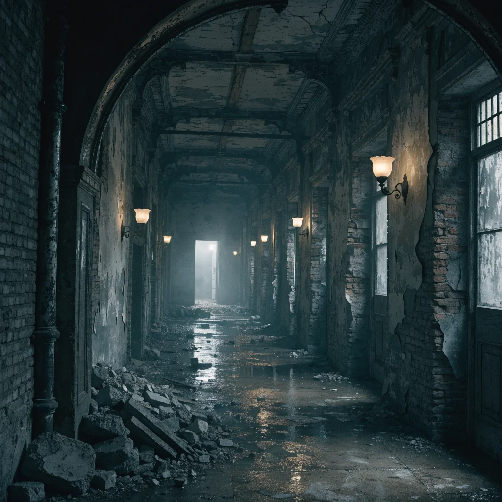 A realistic photo of a dystopian asylum corridor with eerie lighting, reflecting the psychological survival horror atmosphere of the 1998 enhanced Sanitarium game.