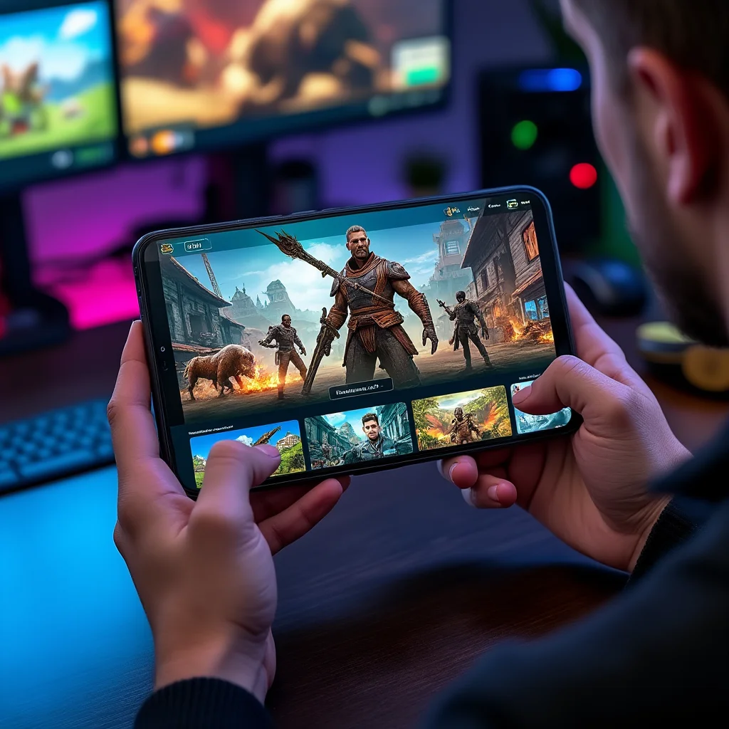 Create a visually appealing and detailed image that represents the essence of the article. Focus on the main keywords: A smartphone screen displaying GameHub v6.2.0 with mod support, Steam integration, GameSir controller customization, and a PC emulator running Android games.. Incorporate elements that align with the article's theme and evoke its intended mood or message. If including a human face, ensure it reflects Western, American, or European features.