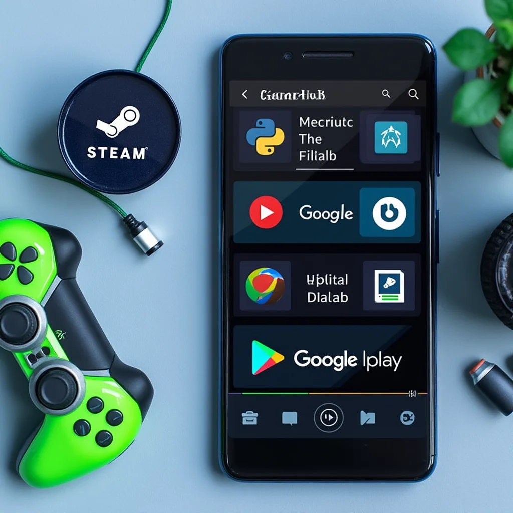 Create a visually appealing and detailed image that represents the essence of the article. Focus on the main keywords: A smartphone screen displaying GameHub v6.2.0 with mod support, Steam integration, GameSir controller customization, and a PC emulator running Android games.. Incorporate elements that align with the article's theme and evoke its intended mood or message. If including a human face, ensure it reflects Western, American, or European features.