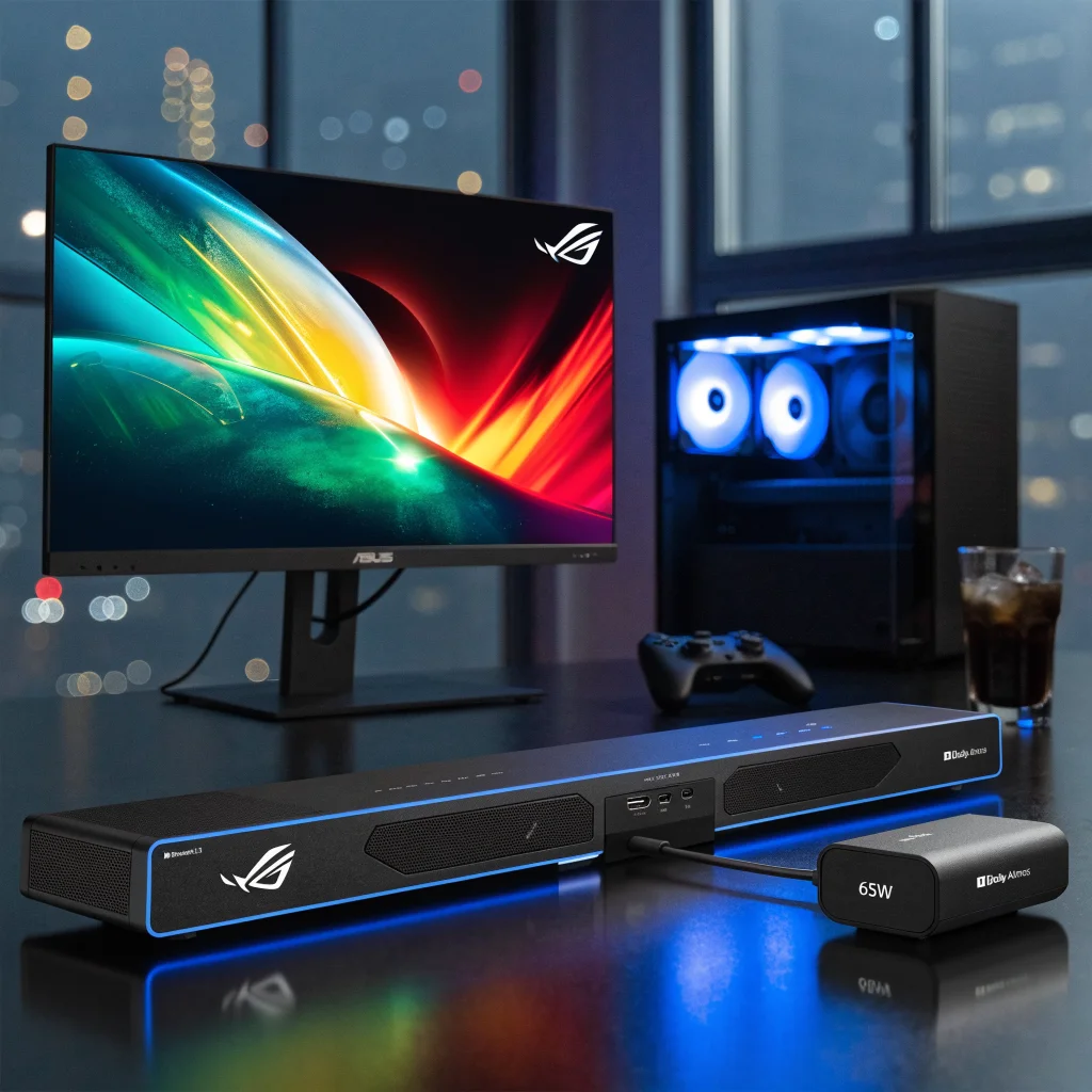 A sleek ASUS ROG Gjallar gaming soundbar with Dolby Atmos, Bluetooth 5.3, multiple USB-C and HDMI 2.1 ports, and a wireless 65W subwoofer showcased in a high-tech gaming setup.