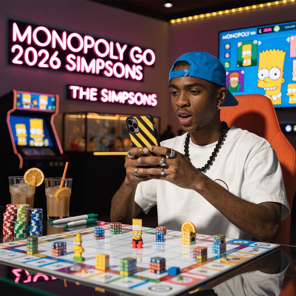 A realistic photo of Monopoly Go featuring The Simpsons characters during the 2026 Simpsons collaboration event in a vibrant gaming setup.