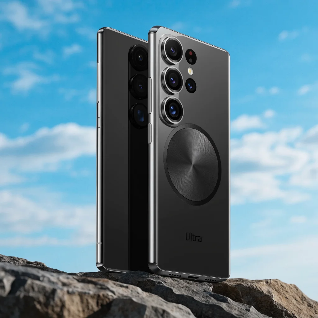 A realistic photo of the Samsung Galaxy S27 Ultra showcasing its innovative new camera system and sleek design revealed by CAD renders and leak images.