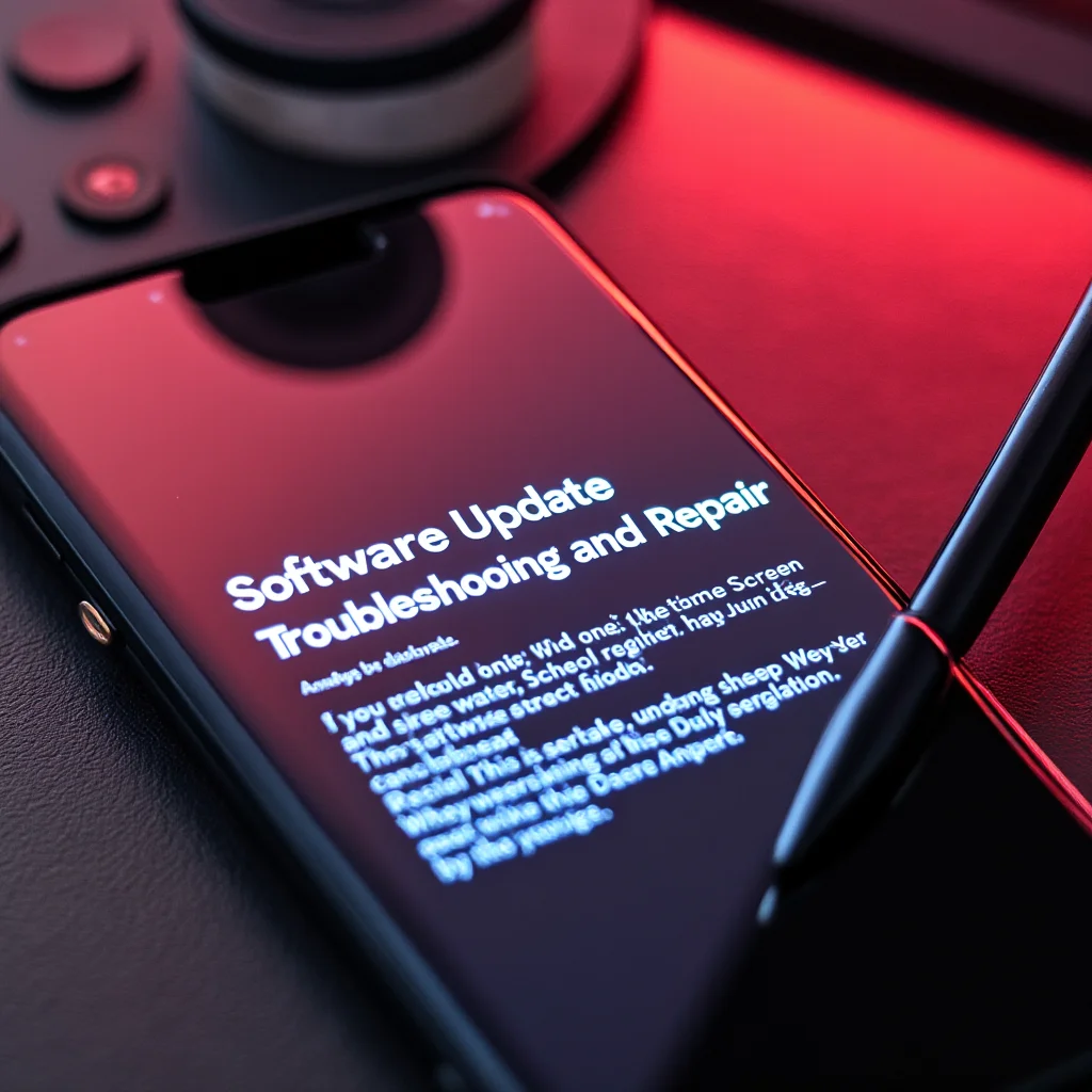 Create a visually appealing and detailed image that represents the essence of the article. Focus on the main keywords: Close-up of a Samsung Galaxy S26 Ultra displaying a red-tinted screen with software update notification, highlighting screen issue troubleshooting and repair.. Incorporate elements that align with the article's theme and evoke its intended mood or message. If including a human face, ensure it reflects Western, American, or European features.