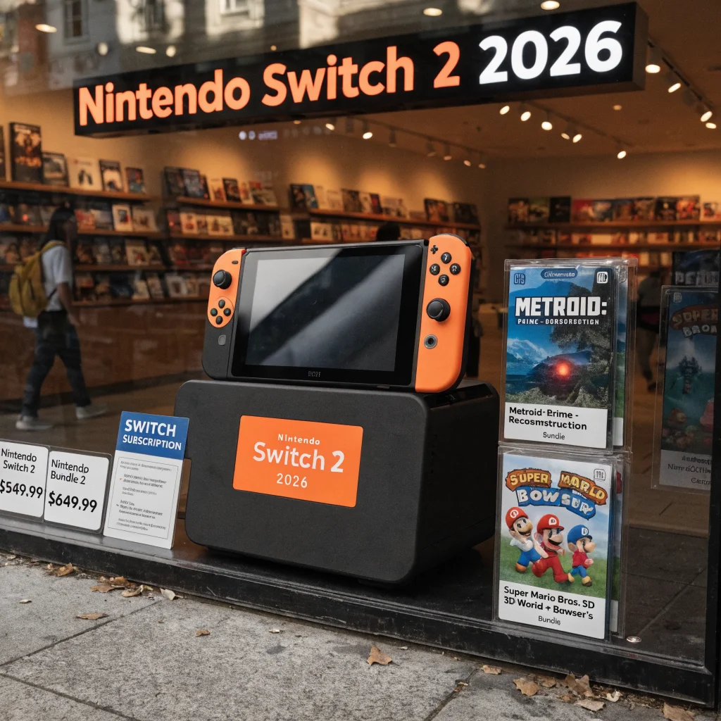 A realistic photo of the Nintendo Switch 2 console with bundled game packages, price tags, and promotional materials highlighting its 2026 release and subscription options.