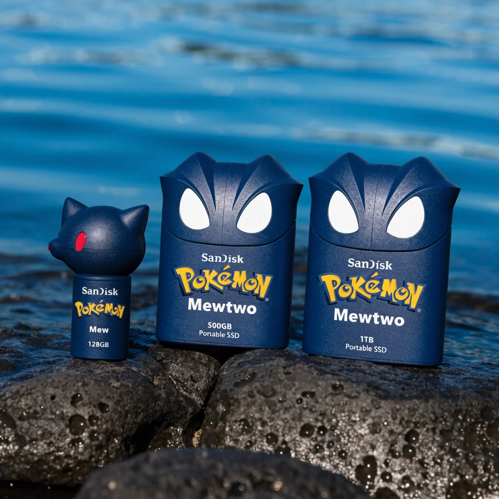 A realistic photo of officially licensed Pokemon SanDisk storage devices featuring a 128GB Mew USB-C flash drive and 500GB and 1TB Mewtwo portable SSDs.