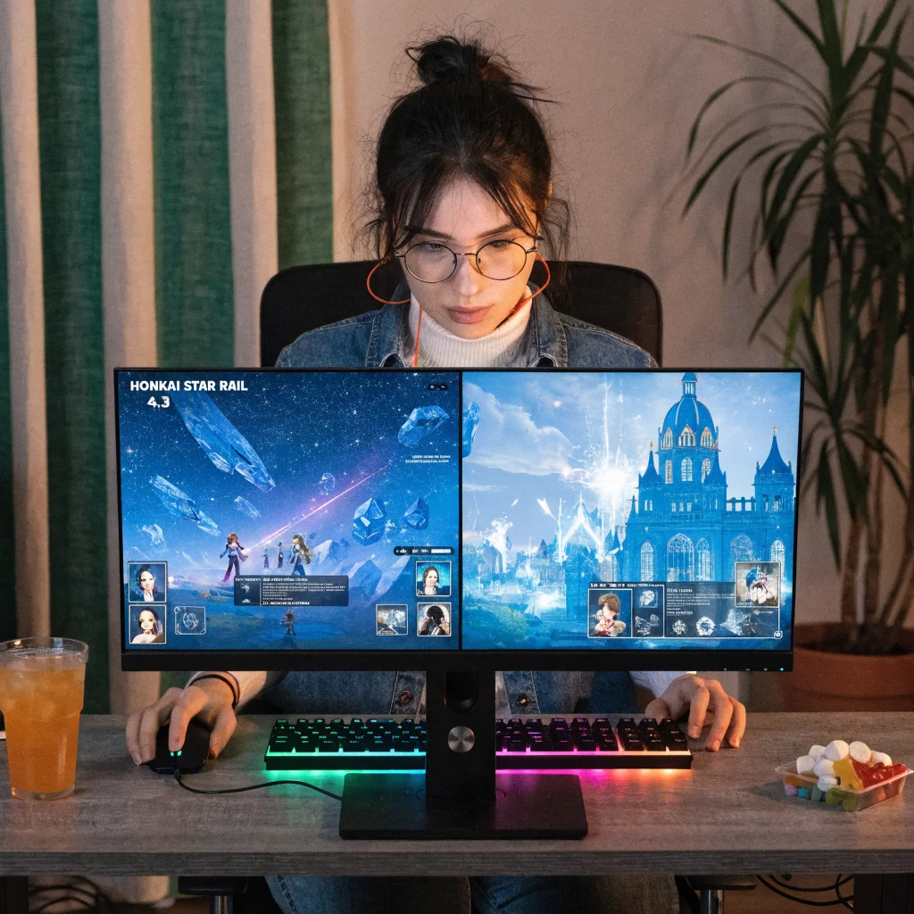 A realistic photo of a gamer playing Honkai Star Rail 4.3 on a PC, featuring the Trailblazer character and scenes from Planarcadia and Inkford Hermitage.