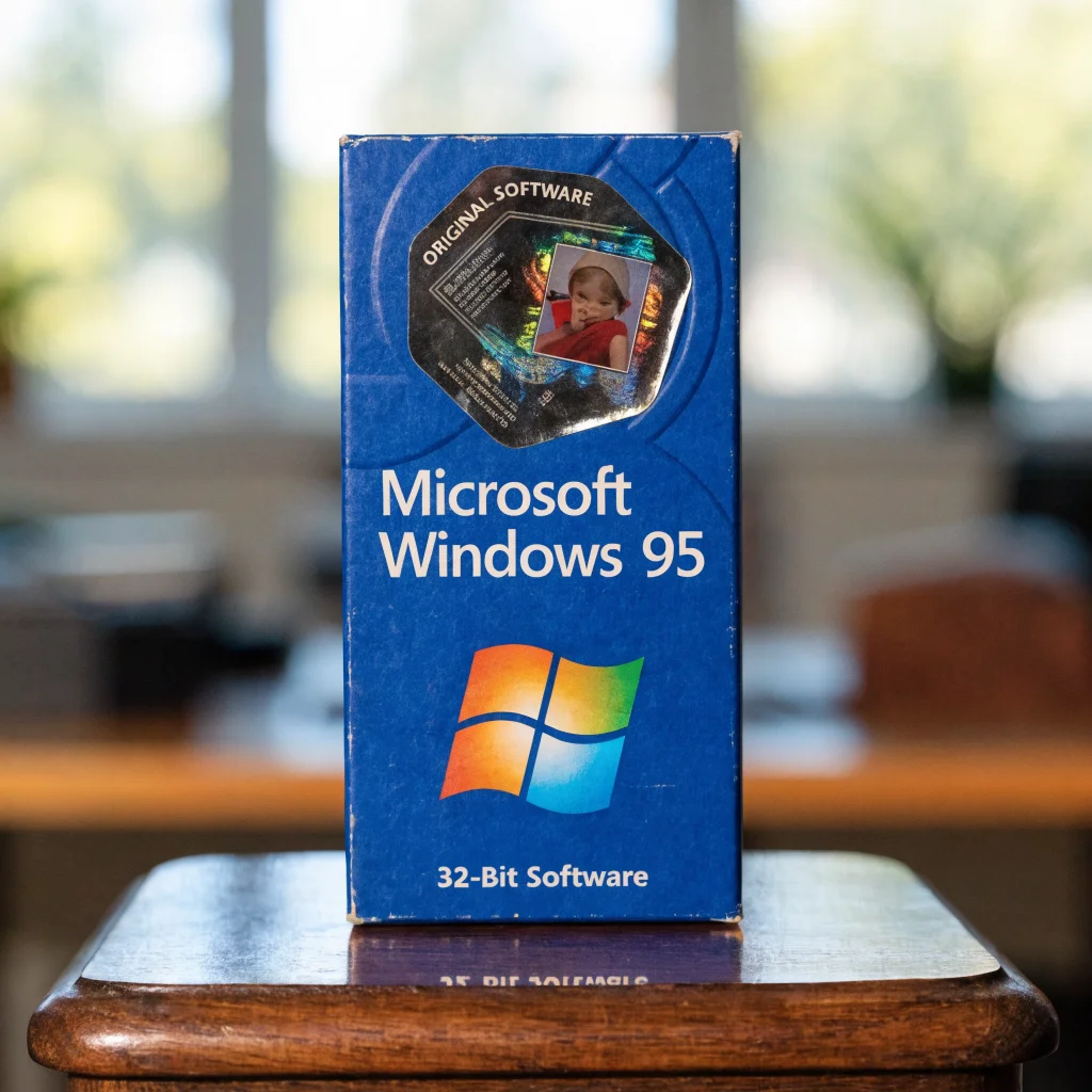 A close-up photo of an original Windows 95 box featuring the distinctive hologram anti-piracy sticker with a child image and authentic software security features.