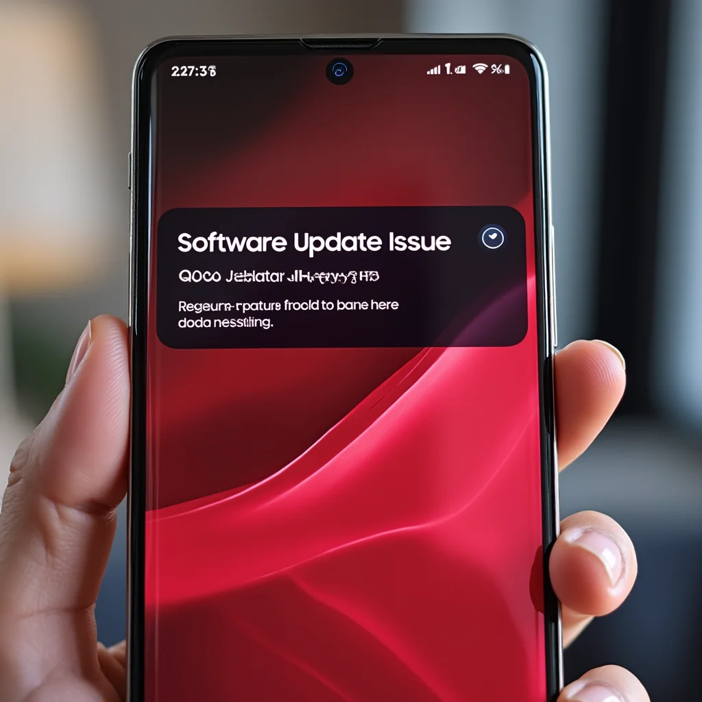 Create a visually appealing and detailed image that represents the essence of the article. Focus on the main keywords: Close-up of a Samsung Galaxy S26 Ultra displaying a red-tinted screen with software update notification, highlighting screen issue troubleshooting and repair.. Incorporate elements that align with the article's theme and evoke its intended mood or message. If including a human face, ensure it reflects Western, American, or European features.