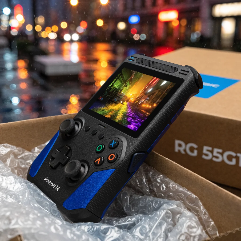 A close-up photo of the Anbernic RG 55G1 handheld console in Indigo Retro Gray Black during an unboxing, highlighting its Android 14 controller and Snapdragon G1 Gen 2 chipset.