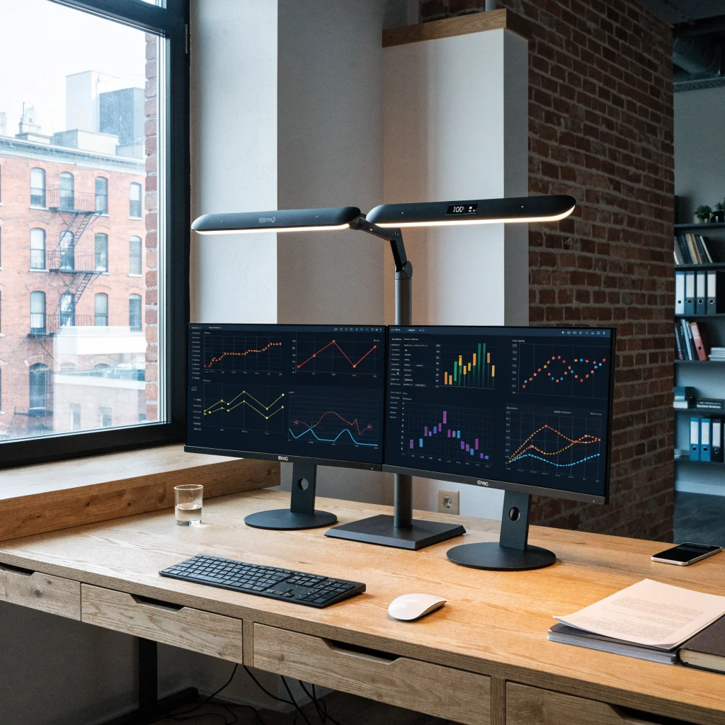 A realistic photo of a BenQ ScreenBar Max dual-monitor desk lamp illuminating two computer screens with adjustable brightness and color temperature settings.