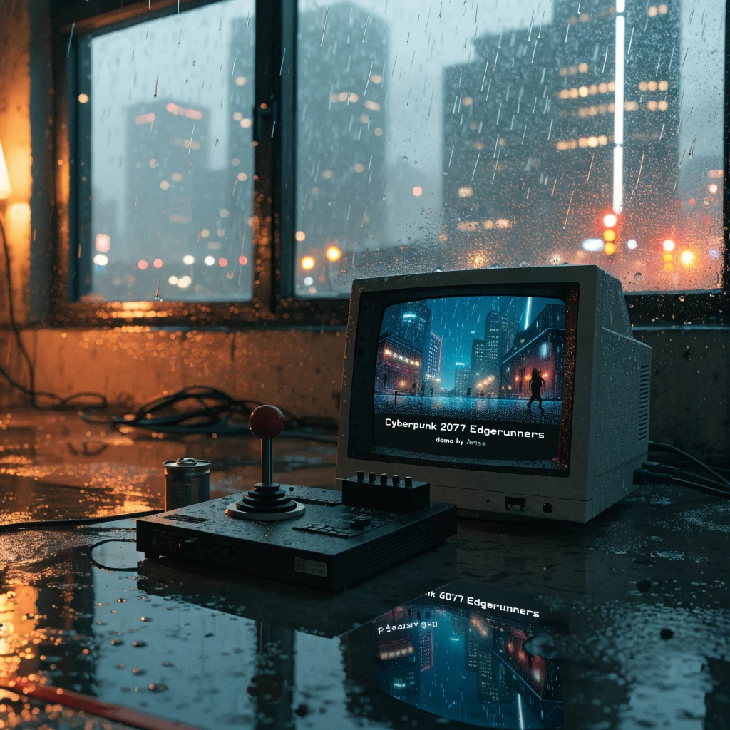 A realistic photo of a Commodore 64 Ultimate FPGA hardware setup displaying a Cyberpunk 2077 Edgerunners chiptune demo scene by Arise, set in Night City.