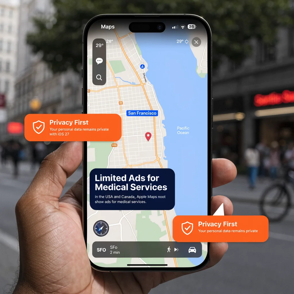 A close-up of an iPhone 18 Pro displaying Apple Maps with limited ads for medical services in the USA and Canada, highlighting privacy features on iOS 27.