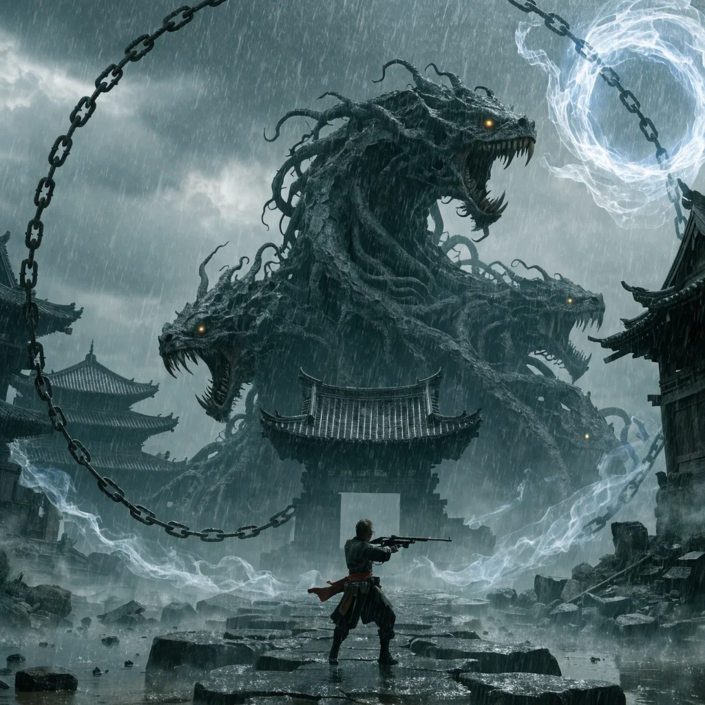 A realistic photo of a player engaging in Tarae The Unbound, an action RPG by Boundary Studio and Krafton, featuring Eastern mythology, yin-yang elements, and historical firearms.