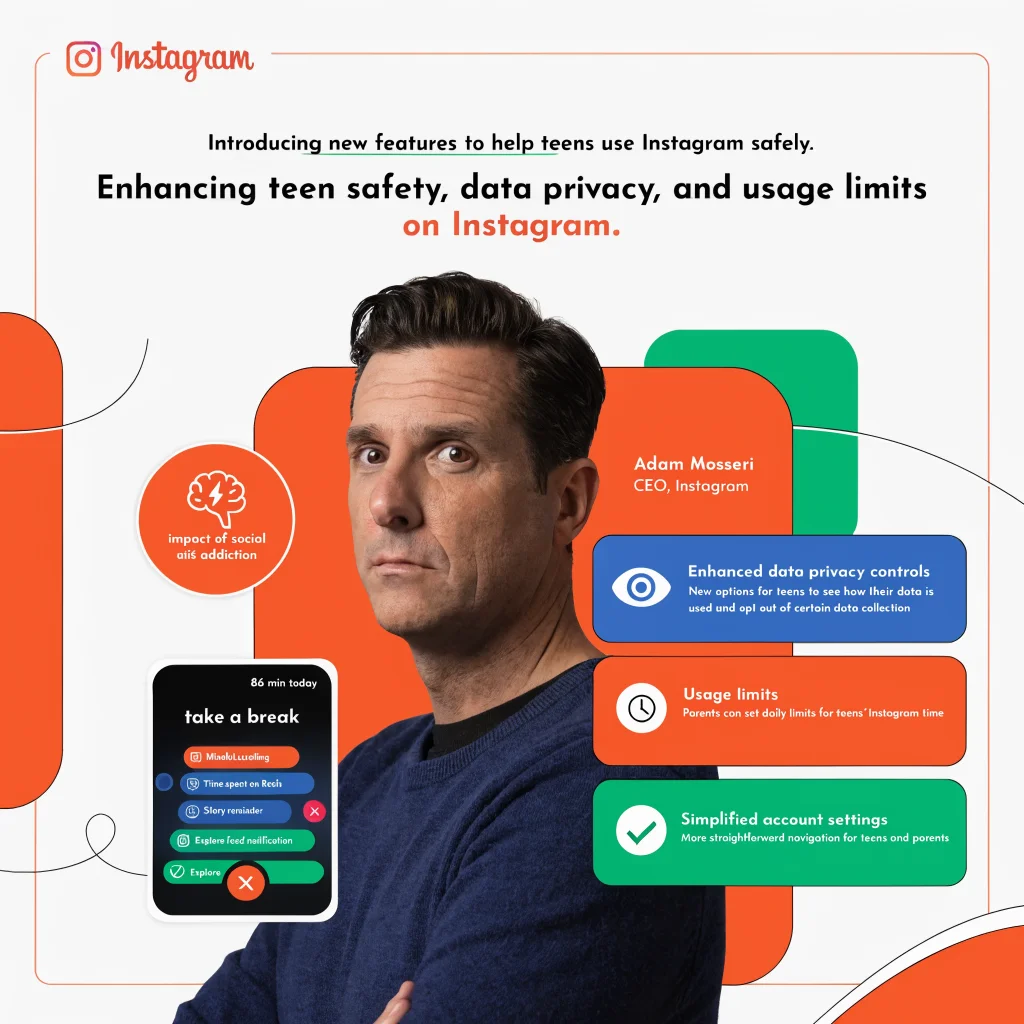 Adam Mosseri promotes new Instagram features enhancing teen safety, data privacy, and usage limits, including "take a break," to reduce social media addiction impact.