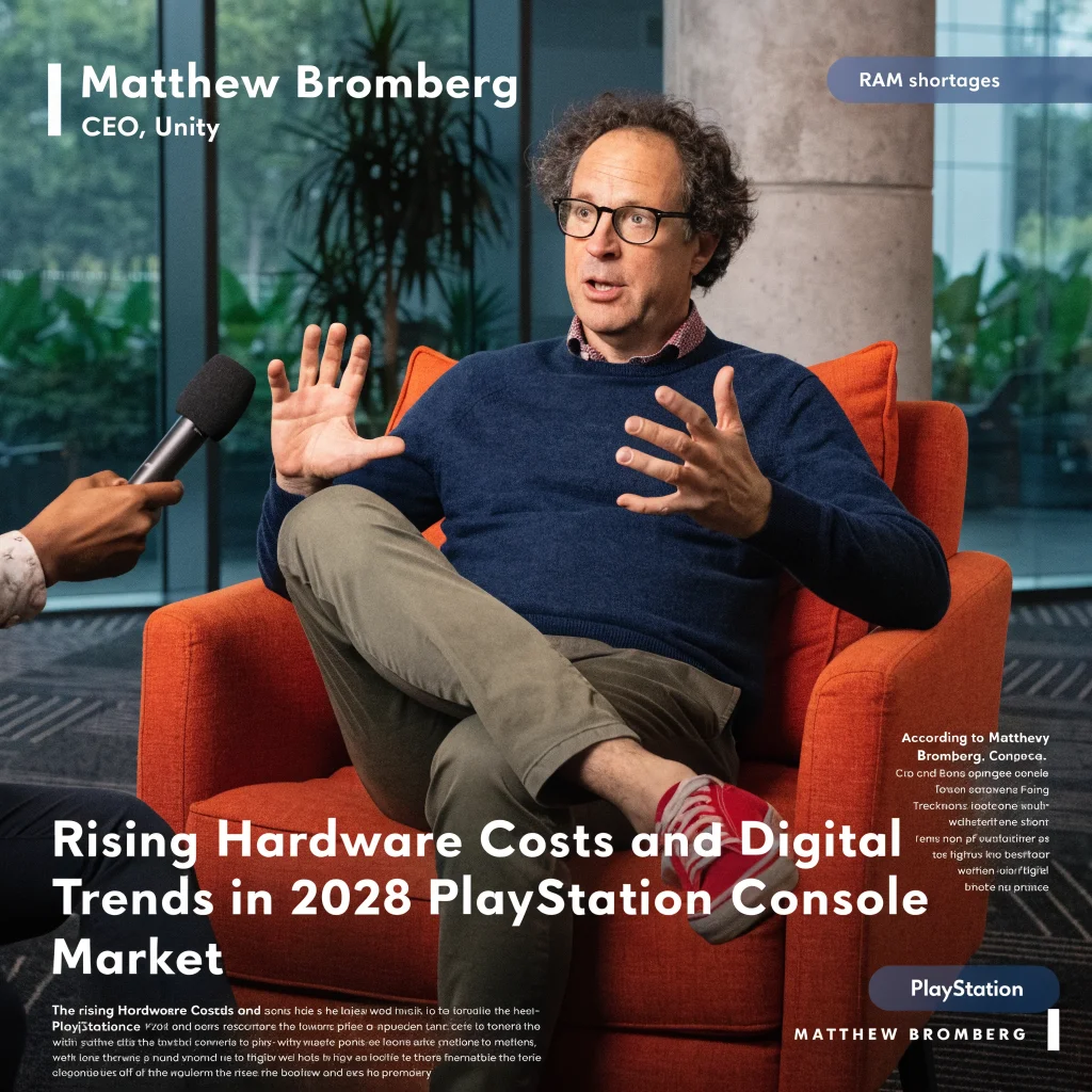 Unity CEO Matthew Bromberg discussing rising hardware costs, RAM shortages, and digital trends in the 2028 PlayStation console market.