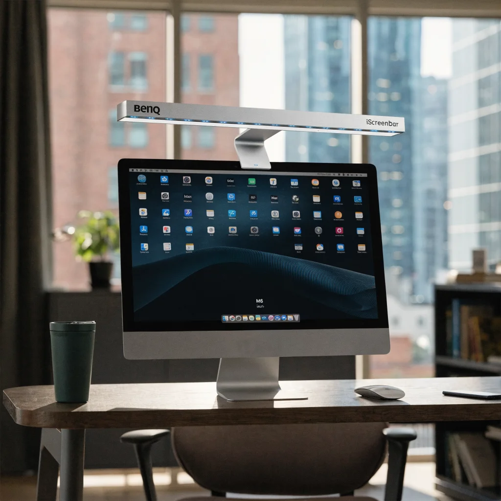 A sleek aluminum BenQ iScreenBar USB-C light bar mounted on a 24-inch iMac M6 chip, emitting smart MacOS-powered soft lighting.