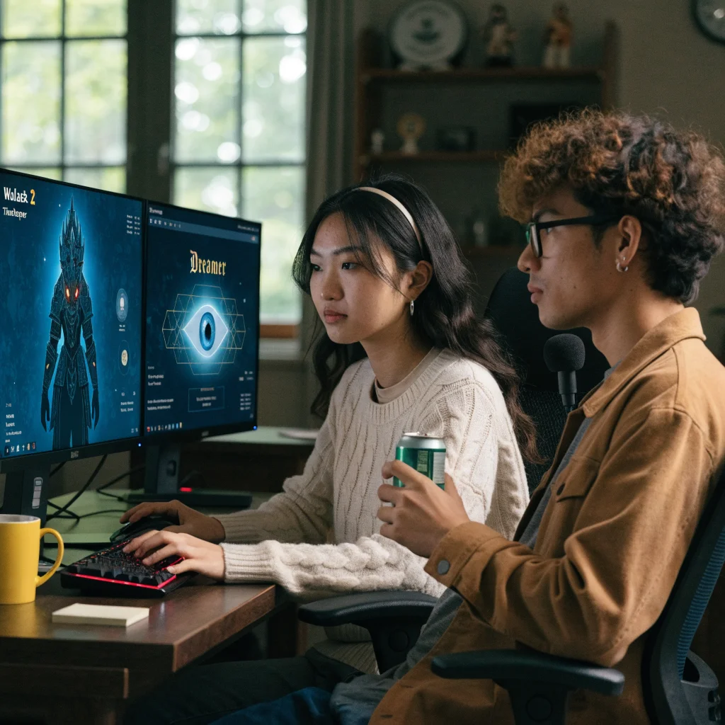 A realistic photo of two players collaborating on character creation and exploration in Solasta 2 multiplayer mode, highlighting Warlock Timekeeper and Dreamer subclasses.
