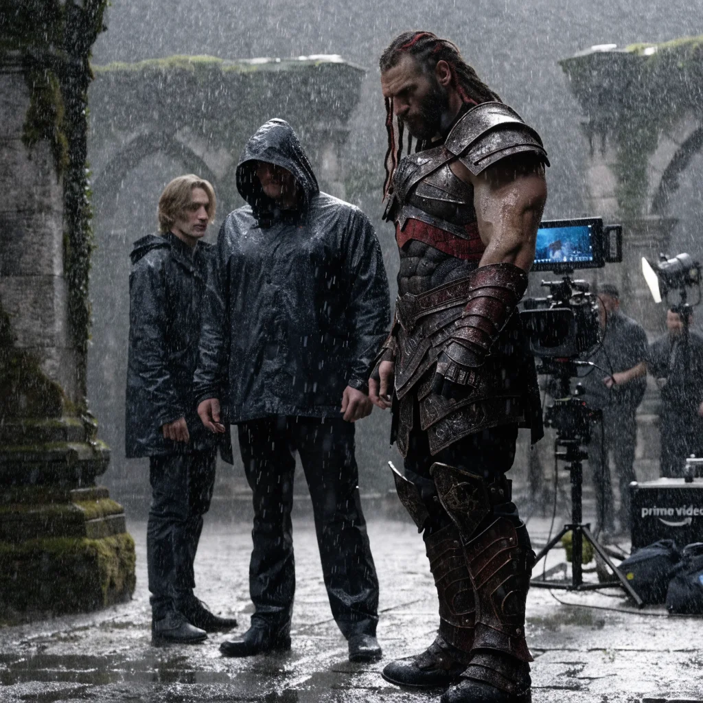 Realistic photo of Dave Bautista as Kratos filming the live-action God of War series for Prime Video, with Ryan Hurst and Callum Vinson also on set in 2026.
