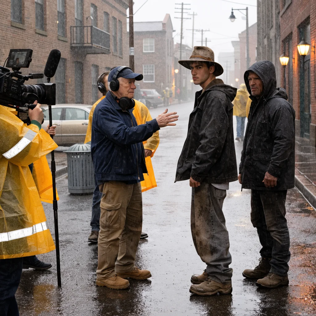 A realistic photo of Ridley Scott directing actors Jacob Elordi and Josh Brolin on the post-apocalyptic sci-fi film set of The Dog Stars.