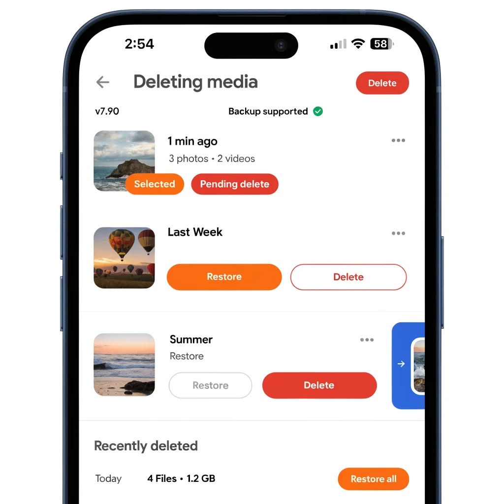 A smartphone screen displays the new Google Photos v7.90 app interface showing media deletion, file restoration options, and backup support features.