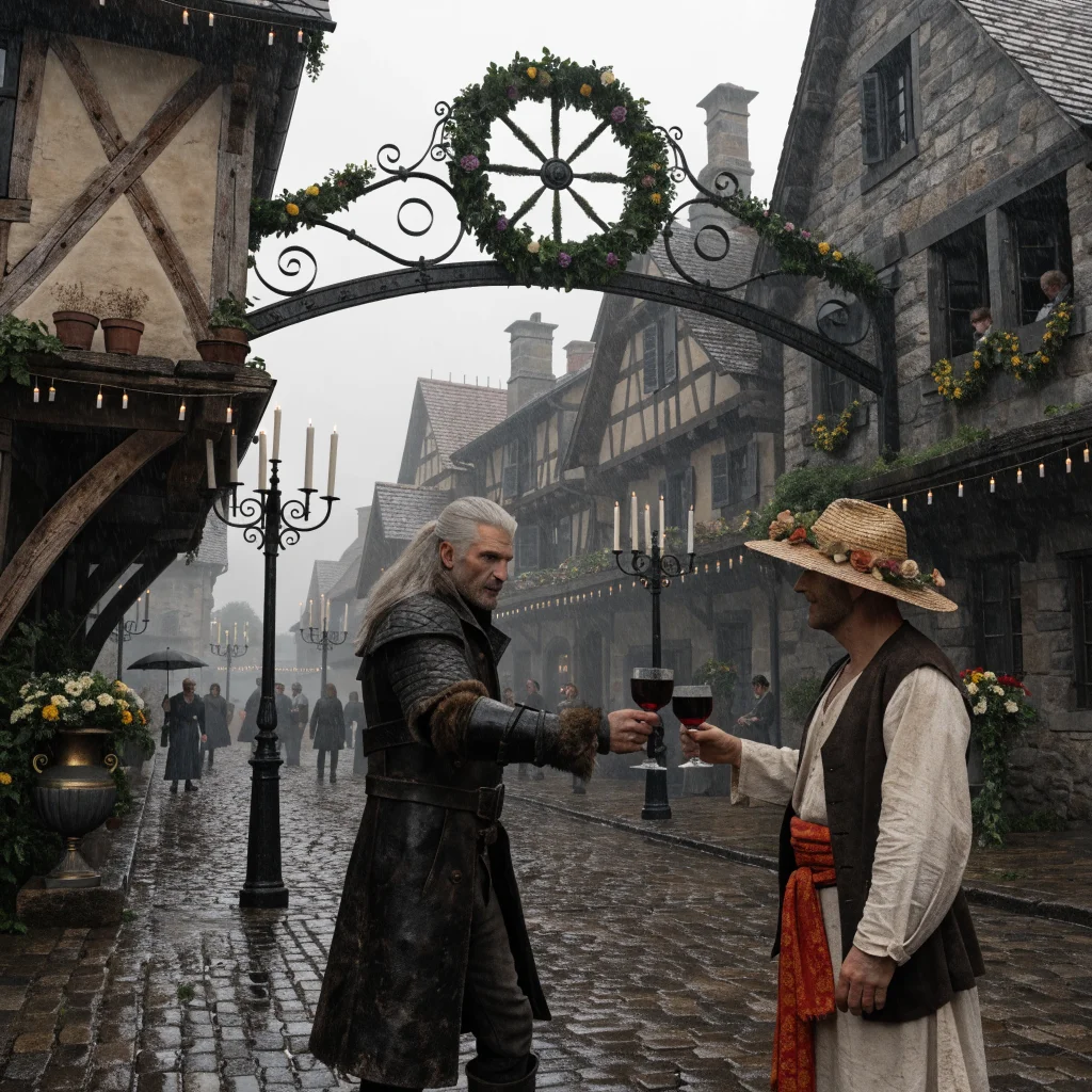 A realistic photo of Geralt and Dandelion celebrating the Belleteyn festival in Lettenhove, Redania, from The Witcher 3 remake 2023 expansion by CD Projekt Red.