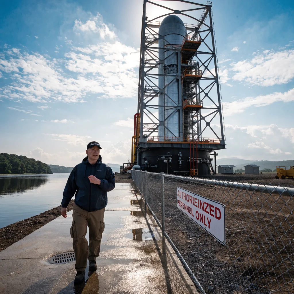 A realistic photo of SpaceX's Starbase spaceport in Louisiana showing a Starship methane rocket launchpad under construction with Elon Musk overseeing the site.