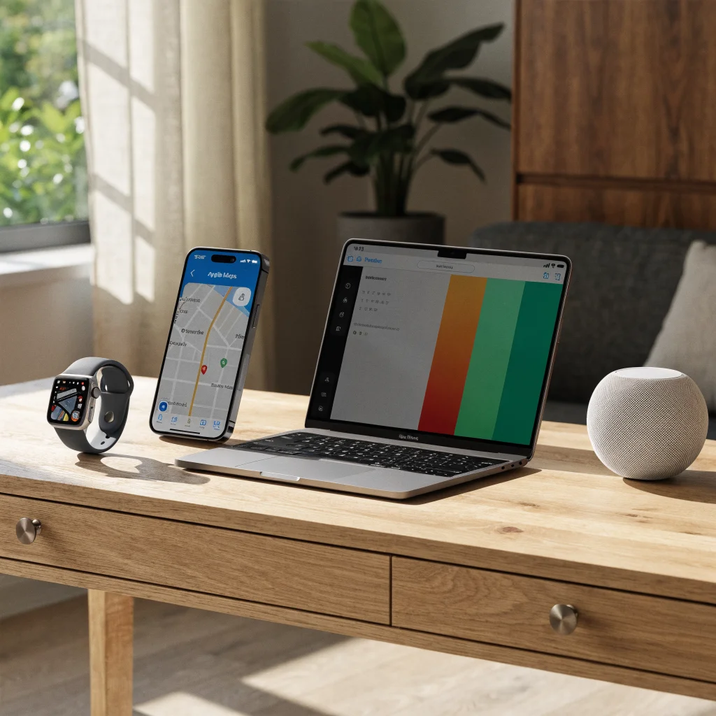 A realistic photo of an iPhone 18 Pro displaying Apple Maps without ads, alongside an Apple Watch Ultra 3, MacBook Neo, and HomePod mini in a modern home setting.