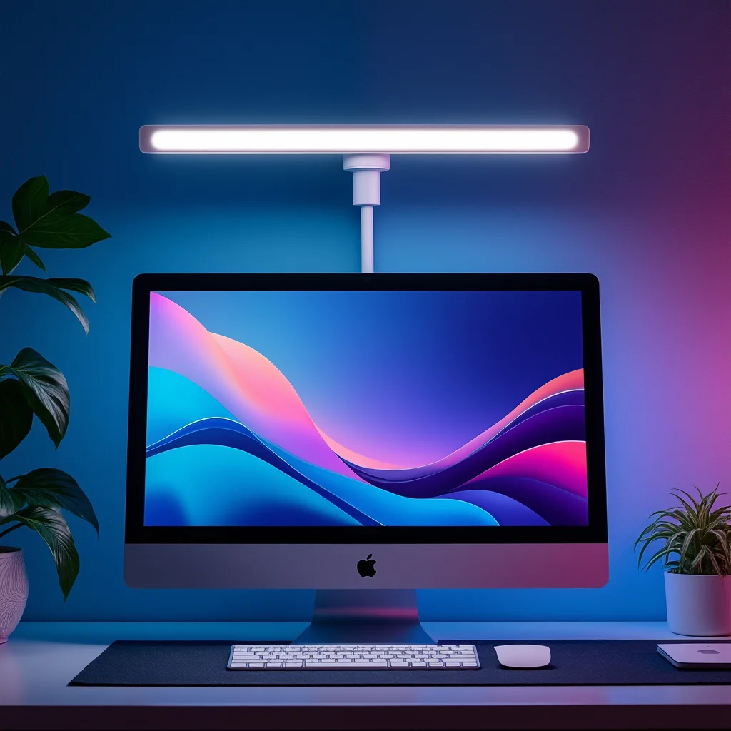 Create a visually appealing and detailed image that represents the essence of the article. Focus on the main keywords: A BenQ iScreenBar USB-C light bar with adjustable brightness attached magnetically on a 24-inch iMac 2021 with new color options, showcasing improved screen lighting.. Incorporate elements that align with the article's theme and evoke its intended mood or message. If including a human face, ensure it reflects Western, American, or European features.