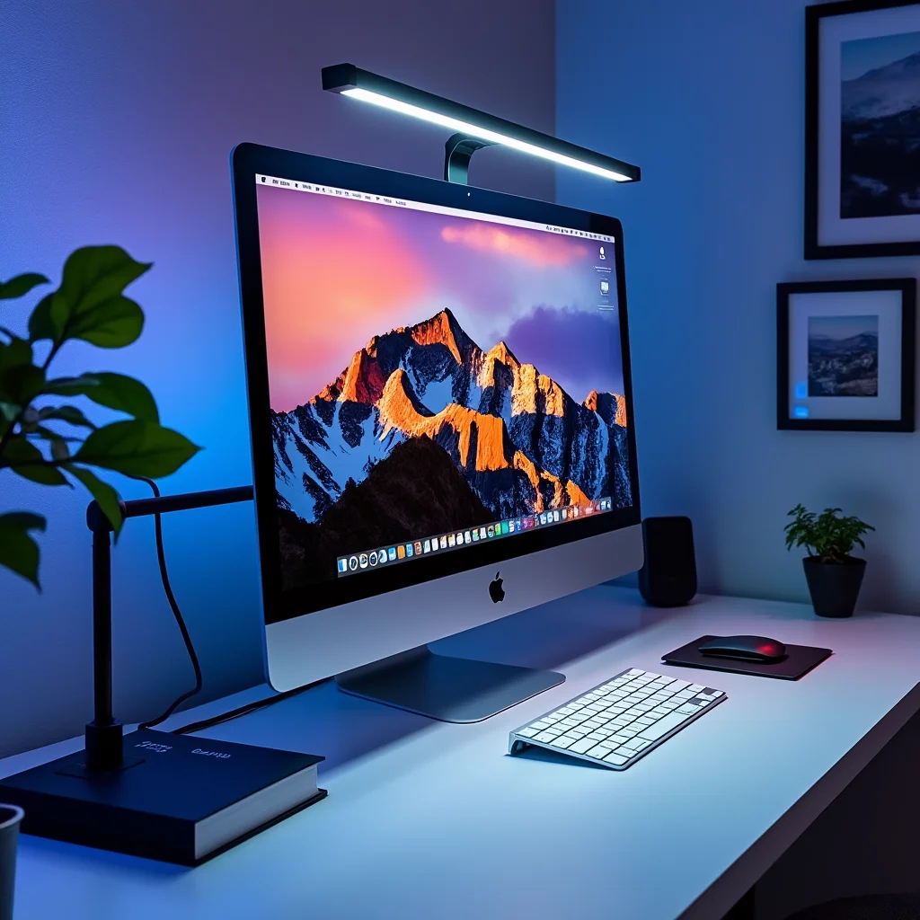 Create a visually appealing and detailed image that represents the essence of the article. Focus on the main keywords: A BenQ iScreenBar USB-C light bar with adjustable brightness attached magnetically on a 24-inch iMac 2021 with new color options, showcasing improved screen lighting.. Incorporate elements that align with the article's theme and evoke its intended mood or message. If including a human face, ensure it reflects Western, American, or European features.