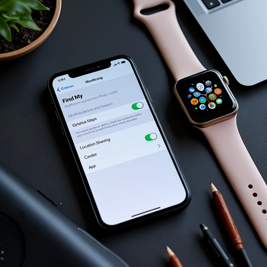 Create a visually appealing and detailed image that represents the essence of the article. Focus on the main keywords: A realistic photo of an iPhone displaying iOS 27 privacy settings with Find My app and location sharing options, alongside Apple Watch Series 11 and MacBook Neo devices.. Incorporate elements that align with the article's theme and evoke its intended mood or message. If including a human face, ensure it reflects Western, American, or European features.