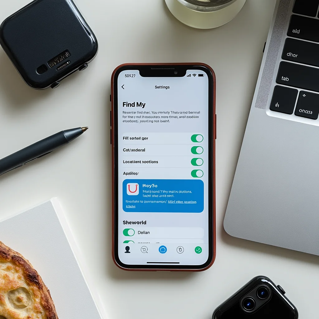 Create a visually appealing and detailed image that represents the essence of the article. Focus on the main keywords: A realistic photo of an iPhone displaying iOS 27 privacy settings with Find My app and location sharing options, alongside Apple Watch Series 11 and MacBook Neo devices.. Incorporate elements that align with the article's theme and evoke its intended mood or message. If including a human face, ensure it reflects Western, American, or European features.