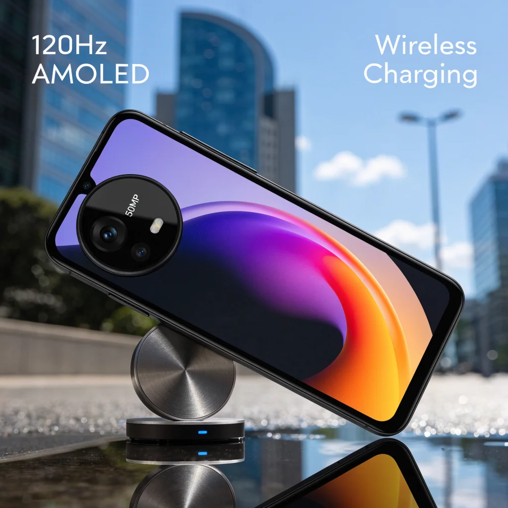 A close-up photo of the Nothing Phone 3 showcasing its sleek design, 120Hz AMOLED screen, and highlighting the 50MP camera and wireless charging feature.