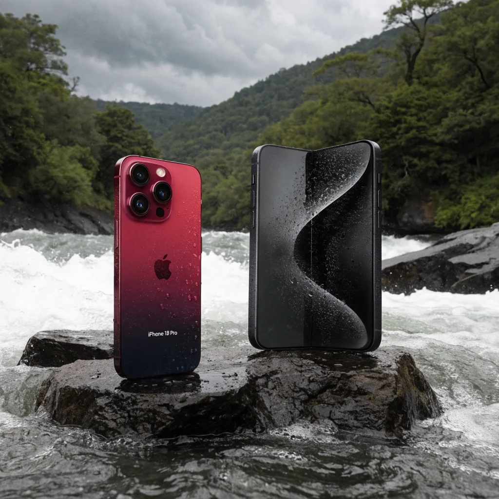 A realistic photo of the iPhone 18 Pro in Dark Cherry color next to the iPhone Ultra, showcasing foldable technology and Pantone 6076 shades.