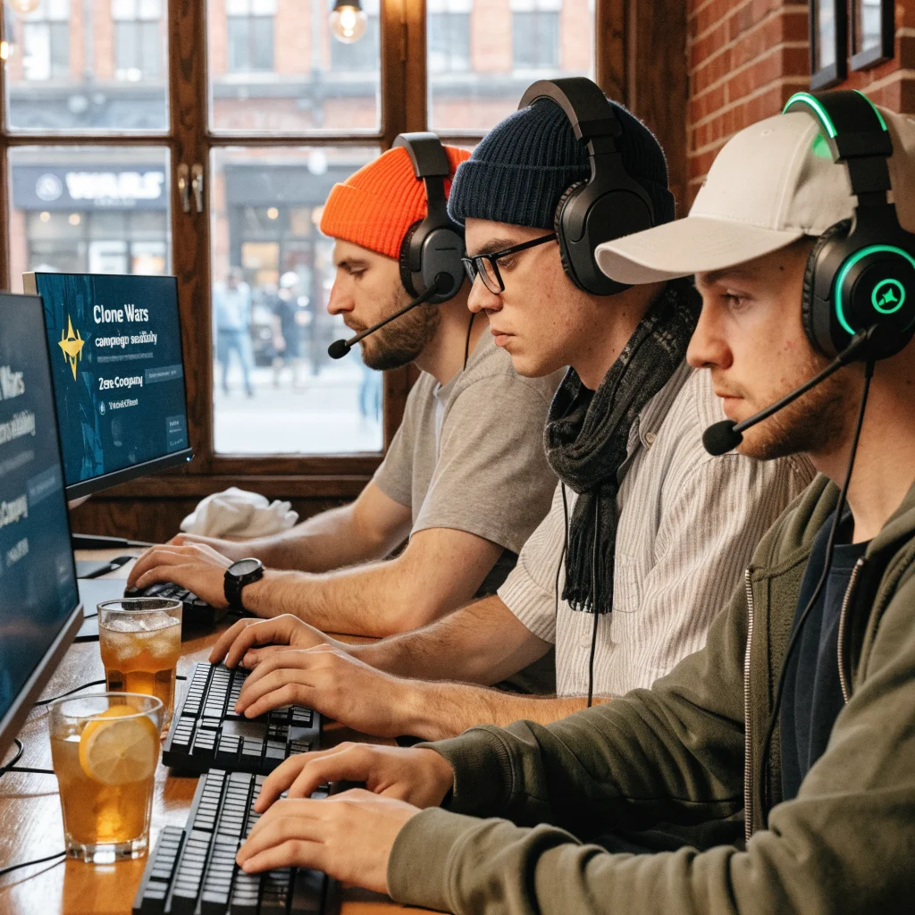 A realistic photo of gamers intensely playing the Star Wars Zero Company strategy game on Steam, highlighting the Clone Wars campaign and 34GB preload screen.