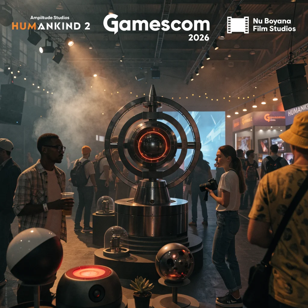 A live-action trailer set at Gamescom 2026 featuring practical sets and custom props for Humankind 2 by Amplitude Studios and Nu Boyana Film Studios.