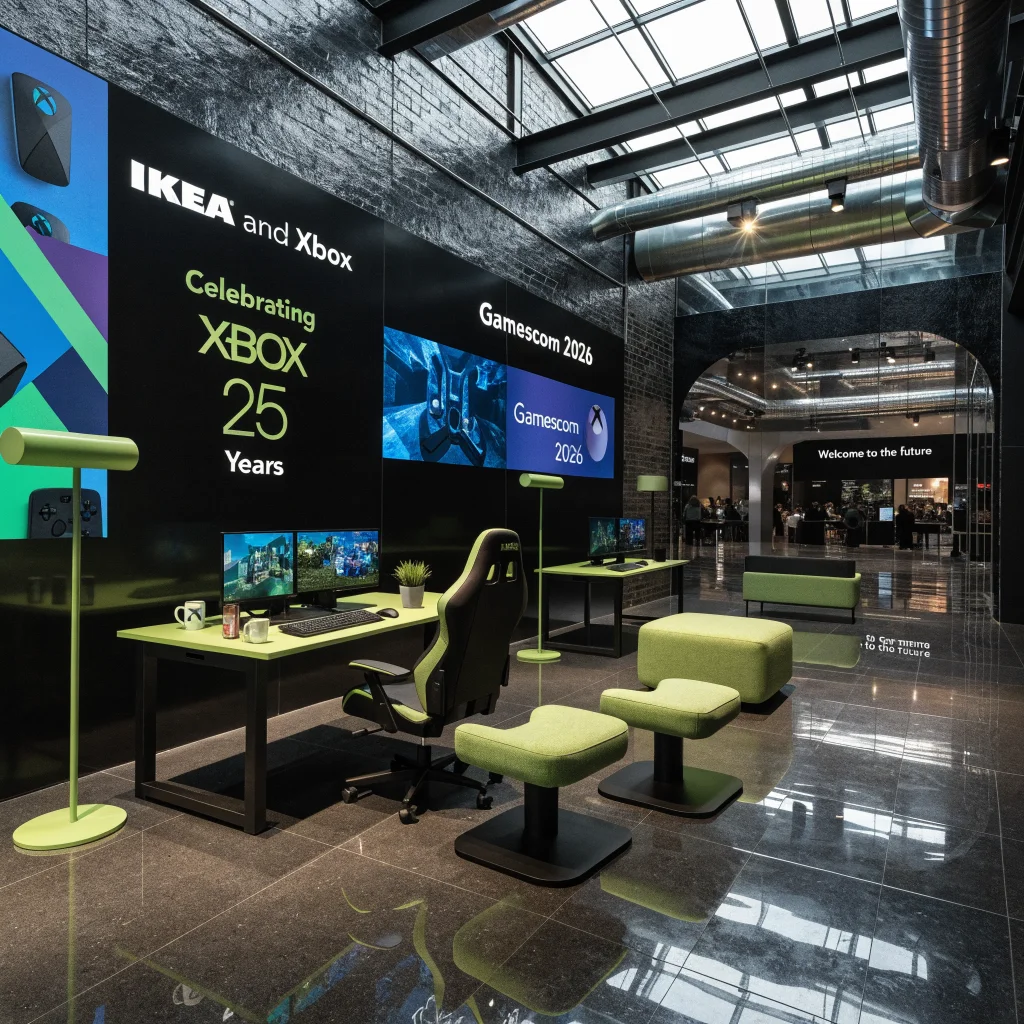 A realistic photo of a modern gaming room furnished with IKEA and Xbox collaborative furniture, featuring thumbstick stools and Xbox 25th anniversary themed decor at Gamescom 2026.