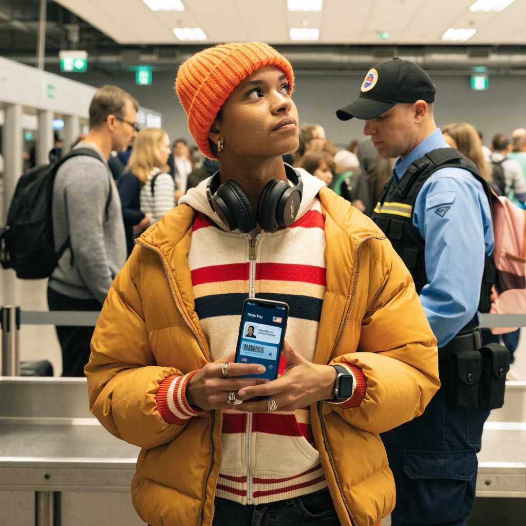 A person holding an iPhone displaying a Virginia digital driver's license and Apple Wallet with Apple Pay at an airport TSA checkpoint.
