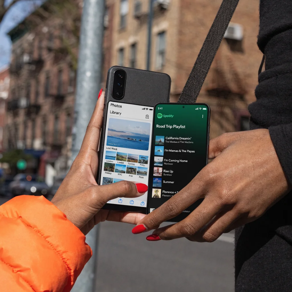 A close-up photo of a Pixel smartphone displaying Google Photos and Spotify apps running smoothly without crashing or errors.