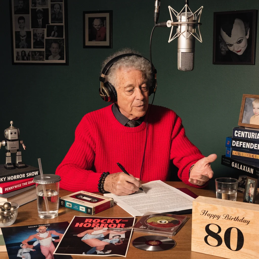 Tim Curry recording voice acting in a studio, surrounded by memorabilia from Rocky Horror Show, Pennywise, and classic video games, celebrating his 80th birthday.