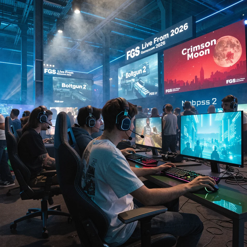 A dynamic photo of gamers at FGS Live From Gamescom 2026 showcasing new game titles like Boltgun 2, Crimson Moon, and Neon Abyss 2 on large screens.