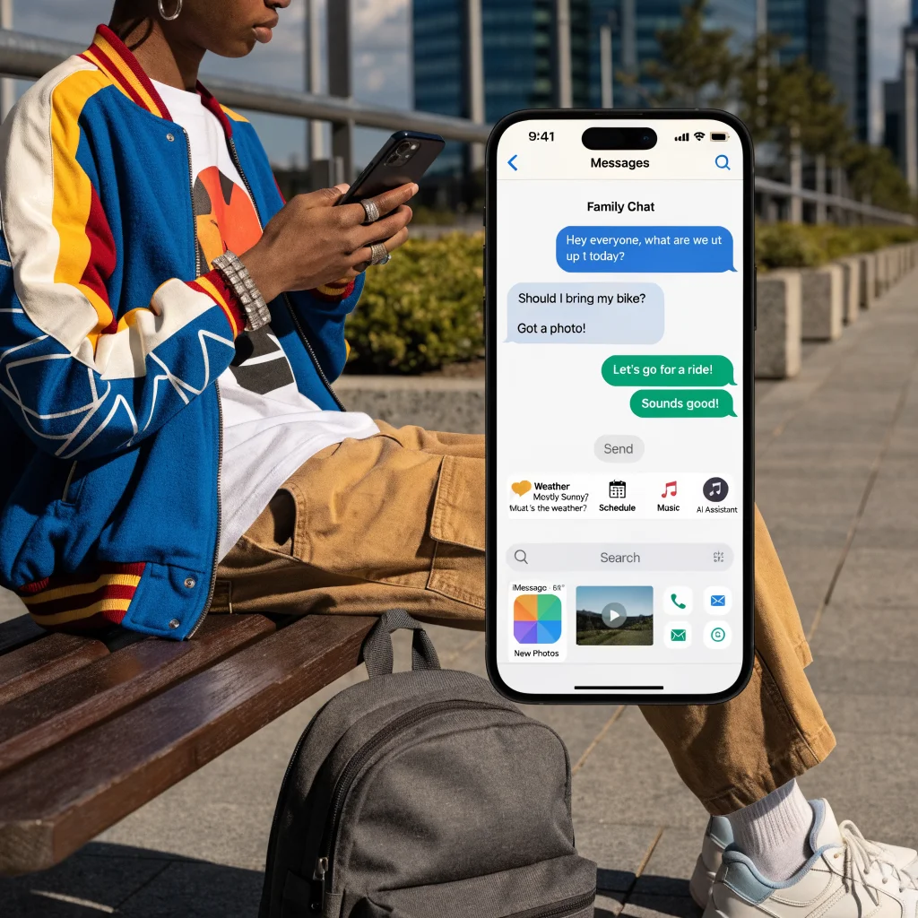 A person using an iPhone running iOS 27, showcasing the upgraded Messages app with Siri integration, enhanced message search, and media sharing features.